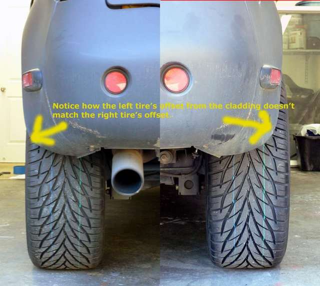 Misaligned Rear Tires or Axle (Close-Up)